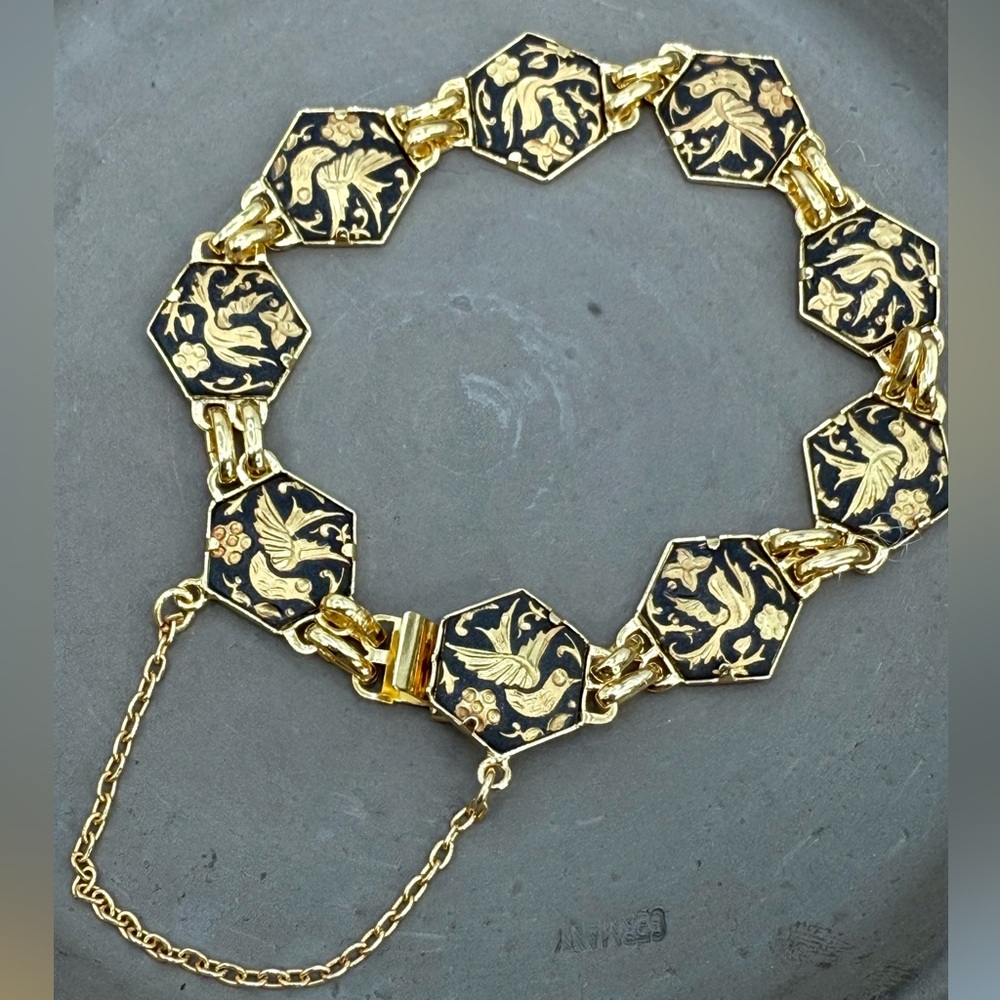 Vintage Toledo Damascene Spain Bird Floral Gold Black Bracelet 7.75”–8” - Picture 17 of 17